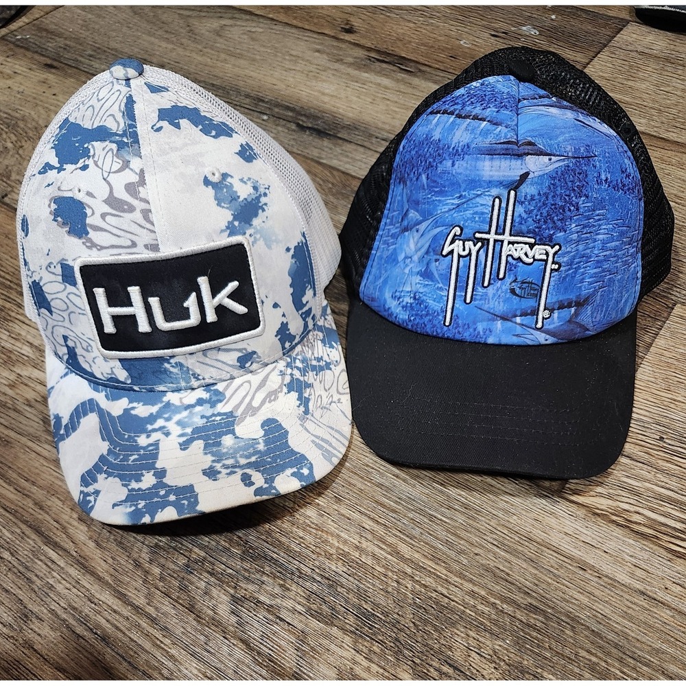 Huk & Guy Harvey Fishing Cap Hat Lot Mesh Trucker Snapback Lot White Blue Black
